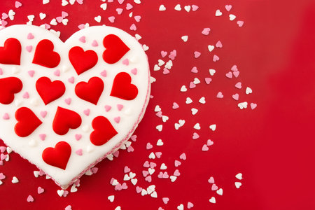 Heart cake for St. Valentine's Day, Mother's Day, or Birthday, decorated with sugar hearts on red backgroundの写真素材