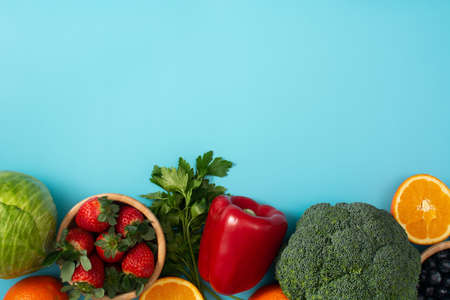 High in vitamin C food on blue backgroundの写真素材