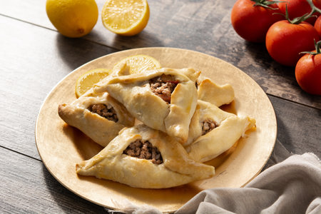 Traditional middle eastern fatayer on wooden tableの写真素材