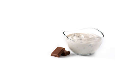 Stracciatella yogurt in transparent bowl isolated on white backgroundの写真素材