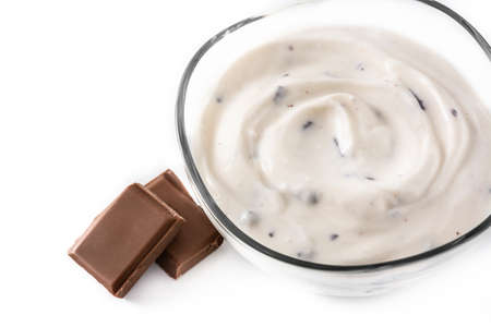 Stracciatella yogurt in transparent bowl isolated on white backgroundの写真素材