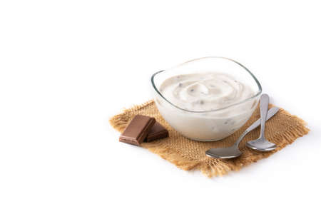 Stracciatella yogurt in transparent bowl isolated on white backgroundの写真素材