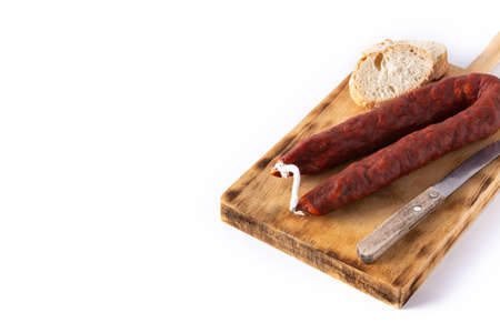 Spanish chorizo sausage isolated on white backgroundの写真素材