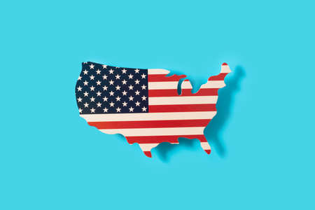 American flag on a map of the USA on blue backgroundの写真素材