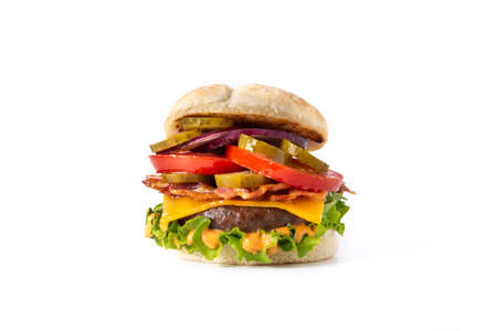 Beef burger with bacon isolated on white backgroundの写真素材