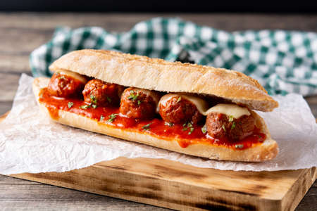 Meatball sub sandwich on wooden tableの写真素材