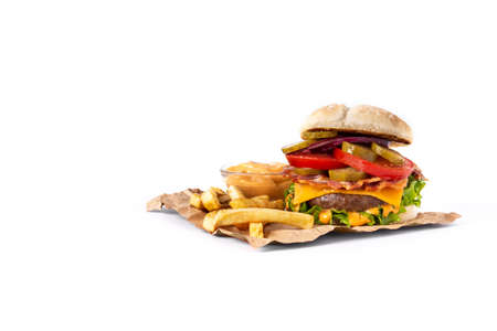 Beef burger with bacon and french fries isolated on white backgroundの写真素材