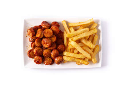 Traditional German currywurst isolated on white background, Typical oktoberfest foodの写真素材