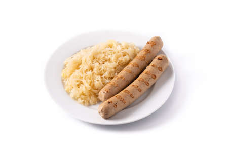 Bratwurst sausage and sauerkraut isolated on white backgroundの写真素材