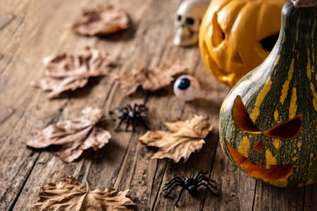 Halloween green pumpkins on rustic wooden table.Copy spaceの写真素材