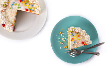 Rainbow layer cake isolated on white background