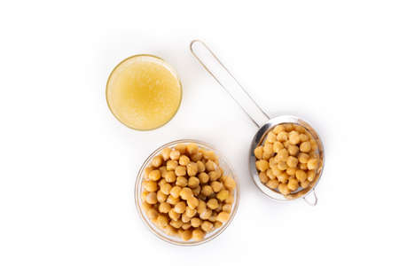 Chickpea water aquafaba isolated on white background. Chickpea water is a substitute for eggs in pastriesの写真素材