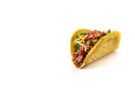 Traditional Mexican tacos with meat and vegetables isolated on white backgroundの写真素材