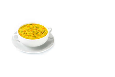 Chicken noodle soup isolated on white backgroundの写真素材