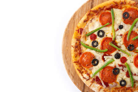 Traditional supreme pizza isolated on white backgroundの写真素材