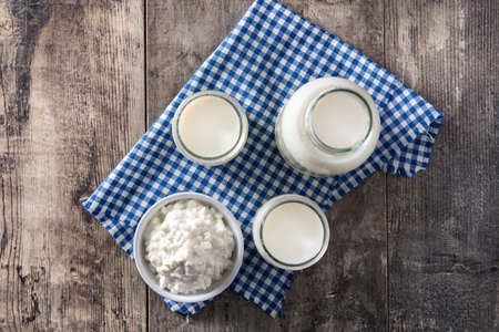 Milk kefir drink on wooden table