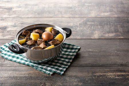 Traditional Jewish cholent in casserole on wooden tableの写真素材