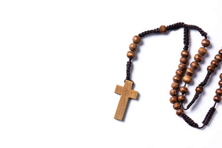 Rosary catholic cross isolated on white backgroundの写真素材
