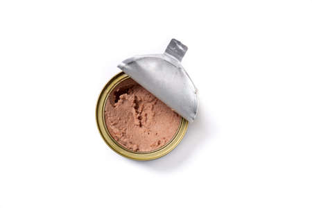 Open tin can with pate isolated on white background. top view