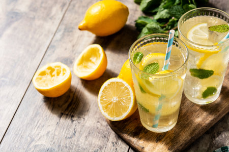 Glass of fresh lemonade on wooden tableの写真素材