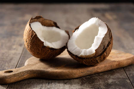 Coconut tropical fruit on wooden tableの写真素材