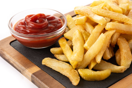Fried potatoes with ketchup and Mayonnaise isolated on white background