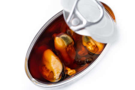 Can of mussels isolated on white backgroundの写真素材