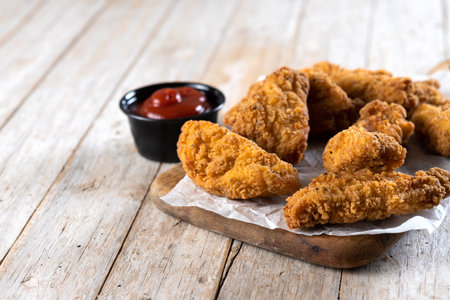 Crispy Kentucky fried chicken on wooden tableの写真素材