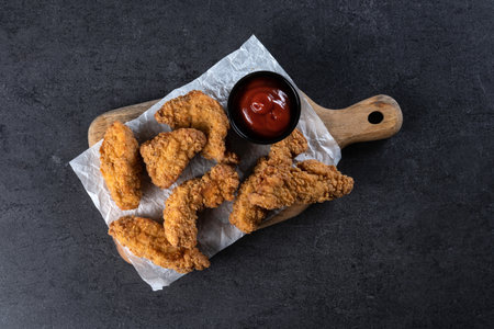 Crispy Kentucky fried chicken on black slate backgroundの写真素材