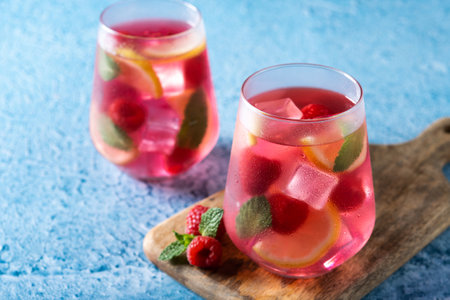 Raspberry lemonade drink on blue background
