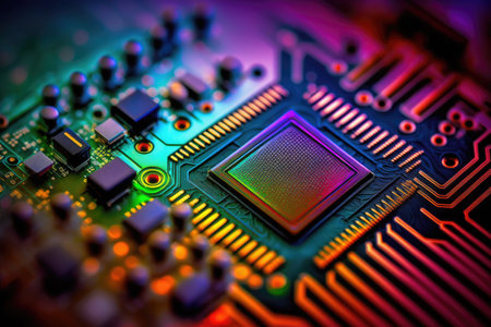 <p>Close up Integrated semiconductor microchip/ microprocessor and transistors. Ai generative</p>の写真素材