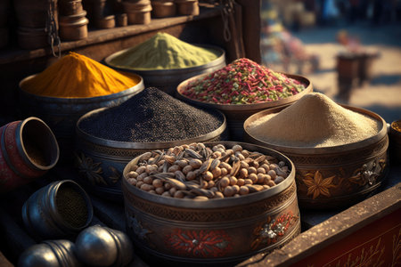 <p>Close up of traditional outdoor arabic spice market with different kinds of spices. Ai generative</p>の写真素材