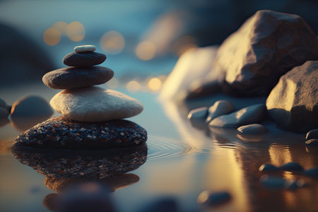 Zen stones balanced on the beach. Sunrise light. Meditation and relaxationの写真素材