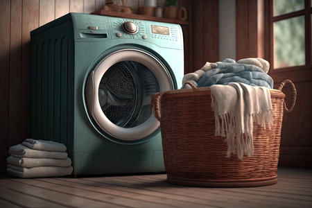laundry room with a washing machine and a basket full of clothes. Ai generativeの写真素材