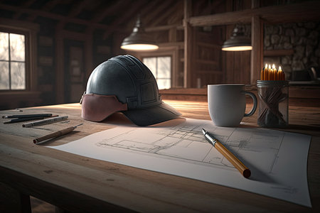 Construction plans and construction helmet on rustic wooden table. Ai generativeの写真素材