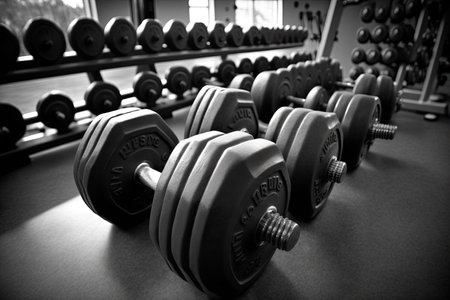 Dumbbells on the floor of a gym. Ai generativeの写真素材