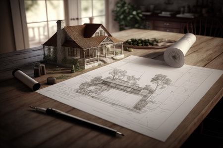 Wooden house model on some construction plans on rustic wooden table. Ai generativeの写真素材