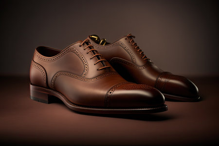 Elegant brown leather shoes for men on brown background. Photo studio style. Ai generativeの写真素材
