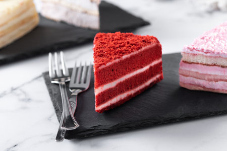 Set of cake portions, velvet, strawberry cake, carrot cake and chocolate cake on marbleの写真素材