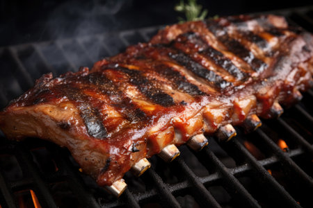 Hot grilled spare ribs with barbecue sauce with fire.の写真素材