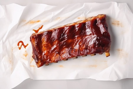 Hot grilled spare ribs with barbecue sauce on crumpled paper. top view.