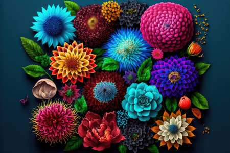 Assorted flowers. Collection of multicolored flowers on yellow background.