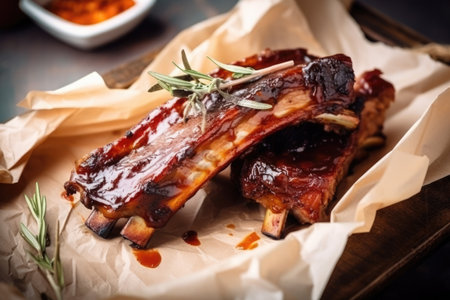 Hot grilled spare ribs with barbecue sauce on crumpled paper.の写真素材