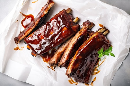 Hot grilled spare ribs with barbecue sauce on crumpled paper. top view.の写真素材