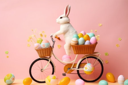 adorable rabbit riding a bicycle with a basket full of easter eggs on pink background.の写真素材