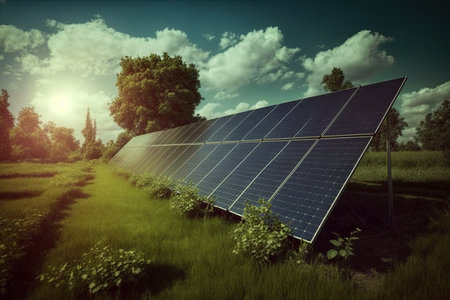 photovoltaic solar power panel in the field, green clean Alternative power energy concept.