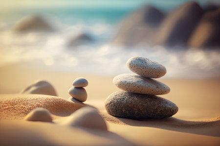 Zen stones balanced on the beach. Sunrise light. Meditation and relaxationの素材
