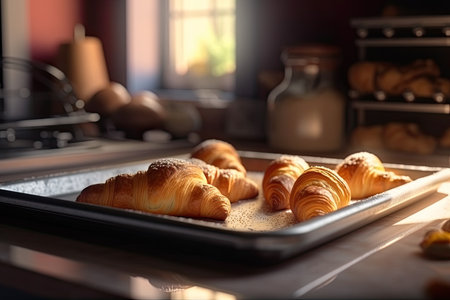 Croissants on a tray fresh from the oven.の素材