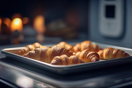 Croissants on a tray fresh from the oven.の素材