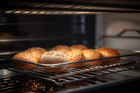 fresh round bread on a tray just out of the oven.の素材